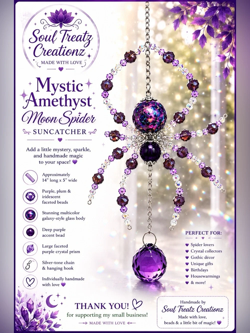 Purple Beaded Crystal Spider Sun Catcher